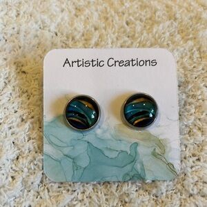 Artistic Creations Blue Gold & Black Swirl Glass Cabashon Pierced Earrings NWT